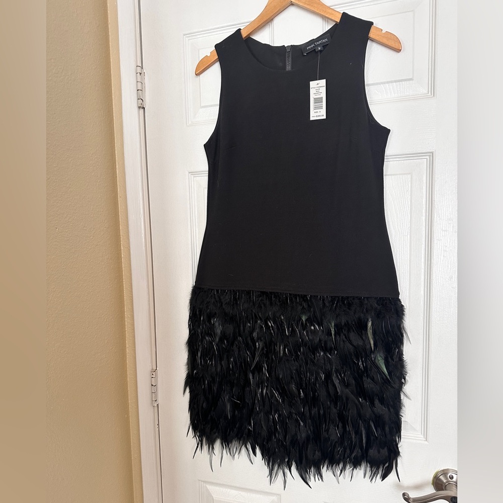 NWT Pink Tartan Black Cocktail Sheath Dress with Feather Skirt - size small